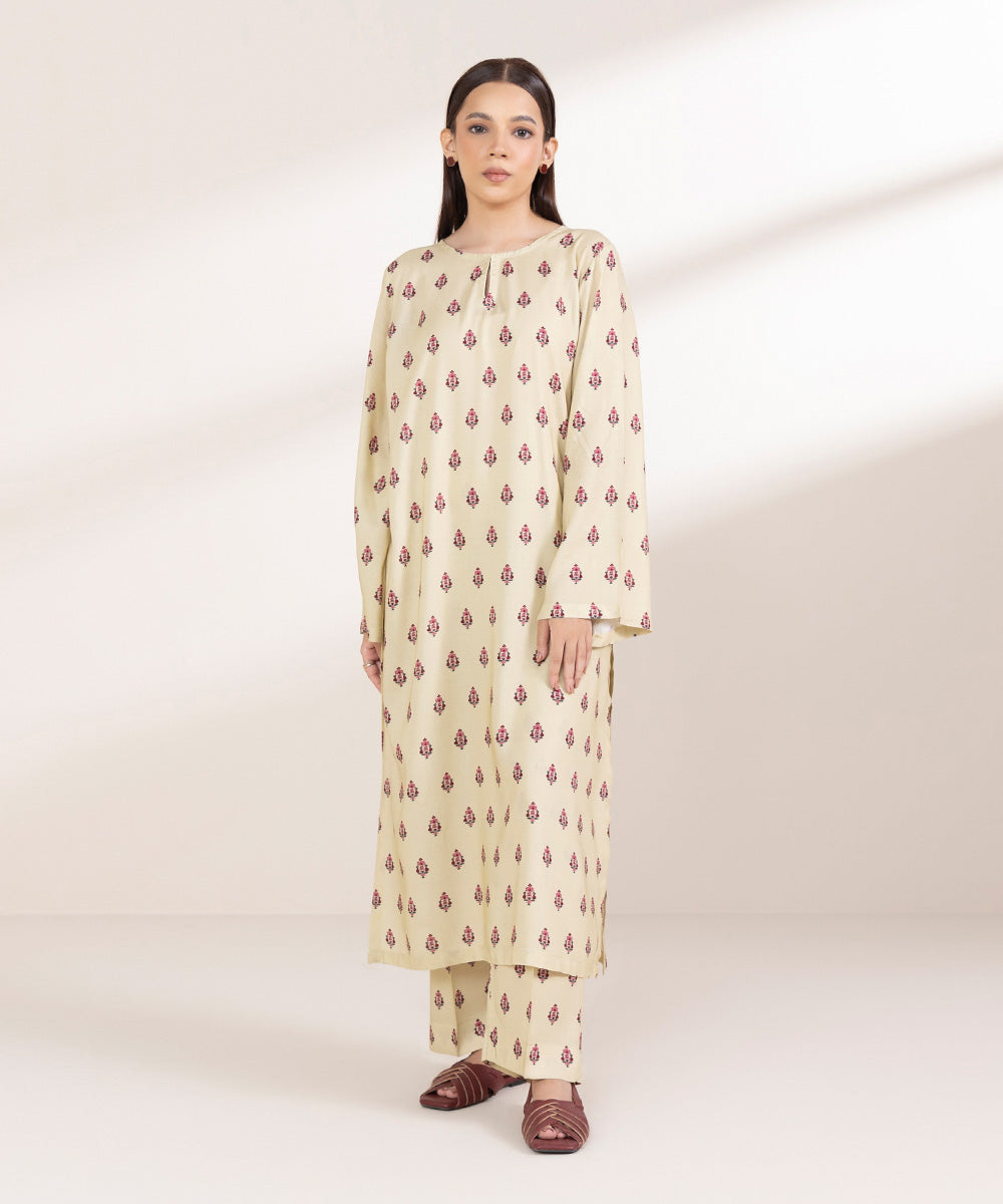 Women's Pret Linen Printed Beige Straight Shirt