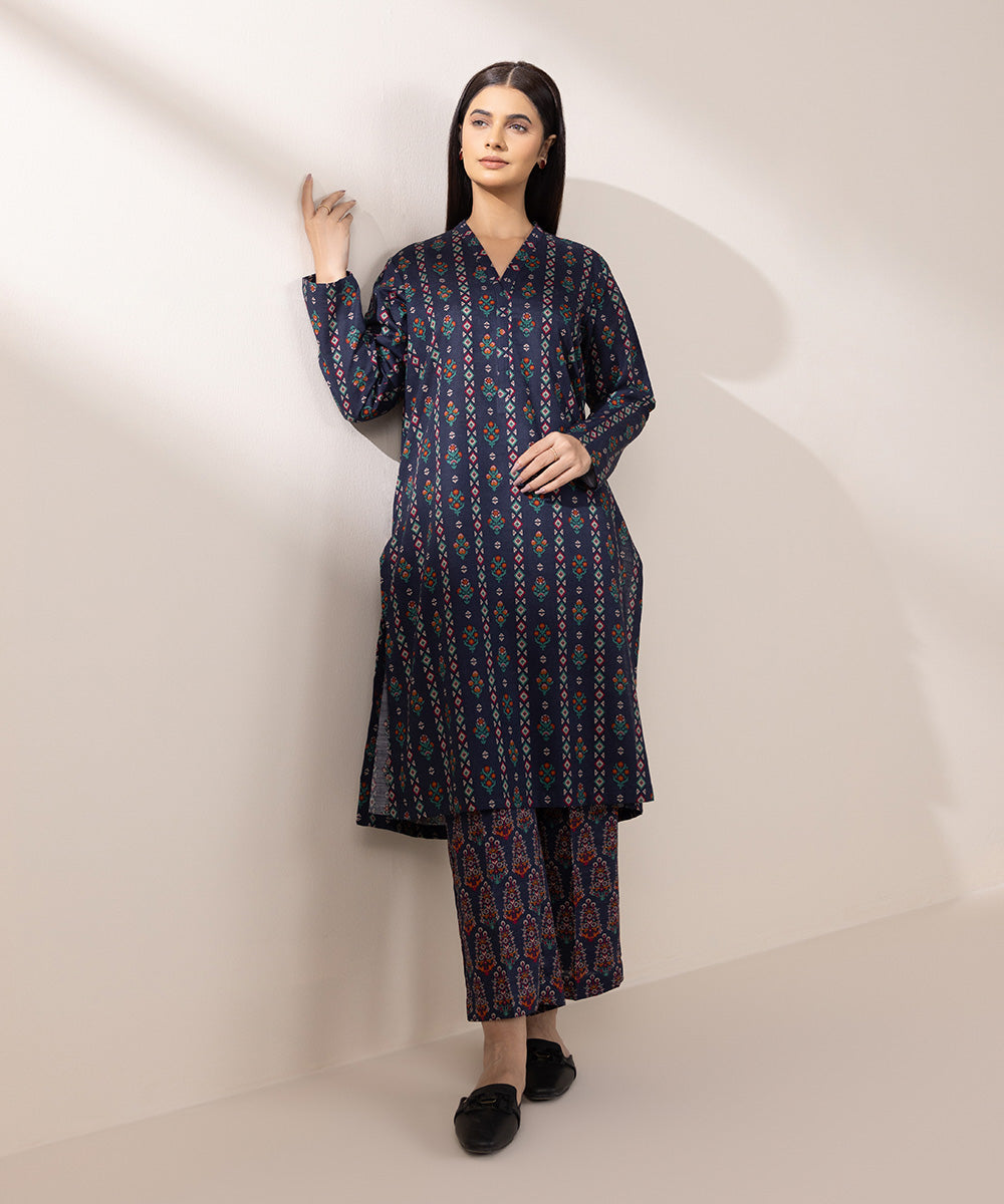 Women's Pret Khaddar Printed Blue Straight Shirt