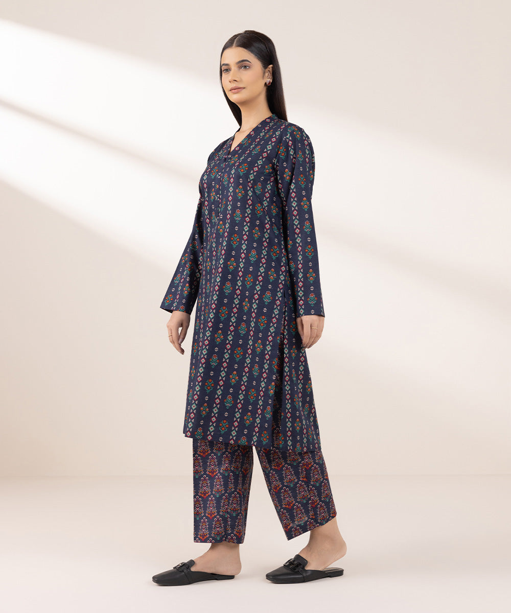 Women's Pret Khaddar Printed Blue Straight Shirt