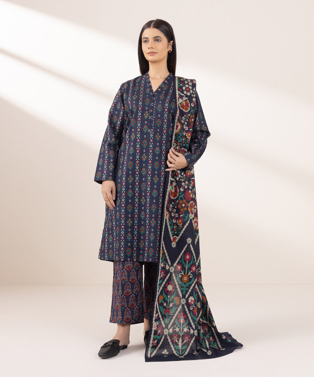 Women's Pret Khaddar Printed Blue Straight Shirt