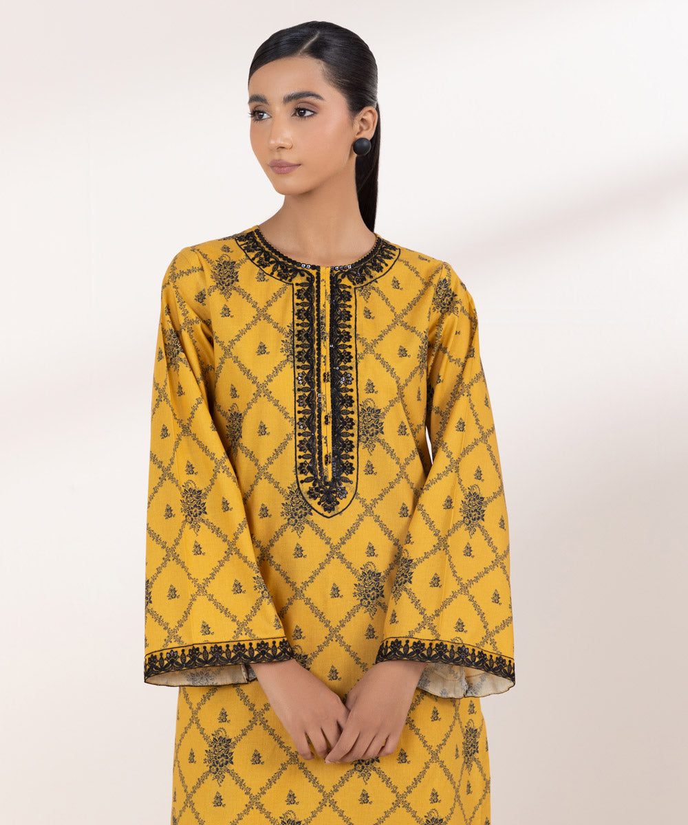 Women's Pret Cambric Embroidered Yellow A-Line Shirt