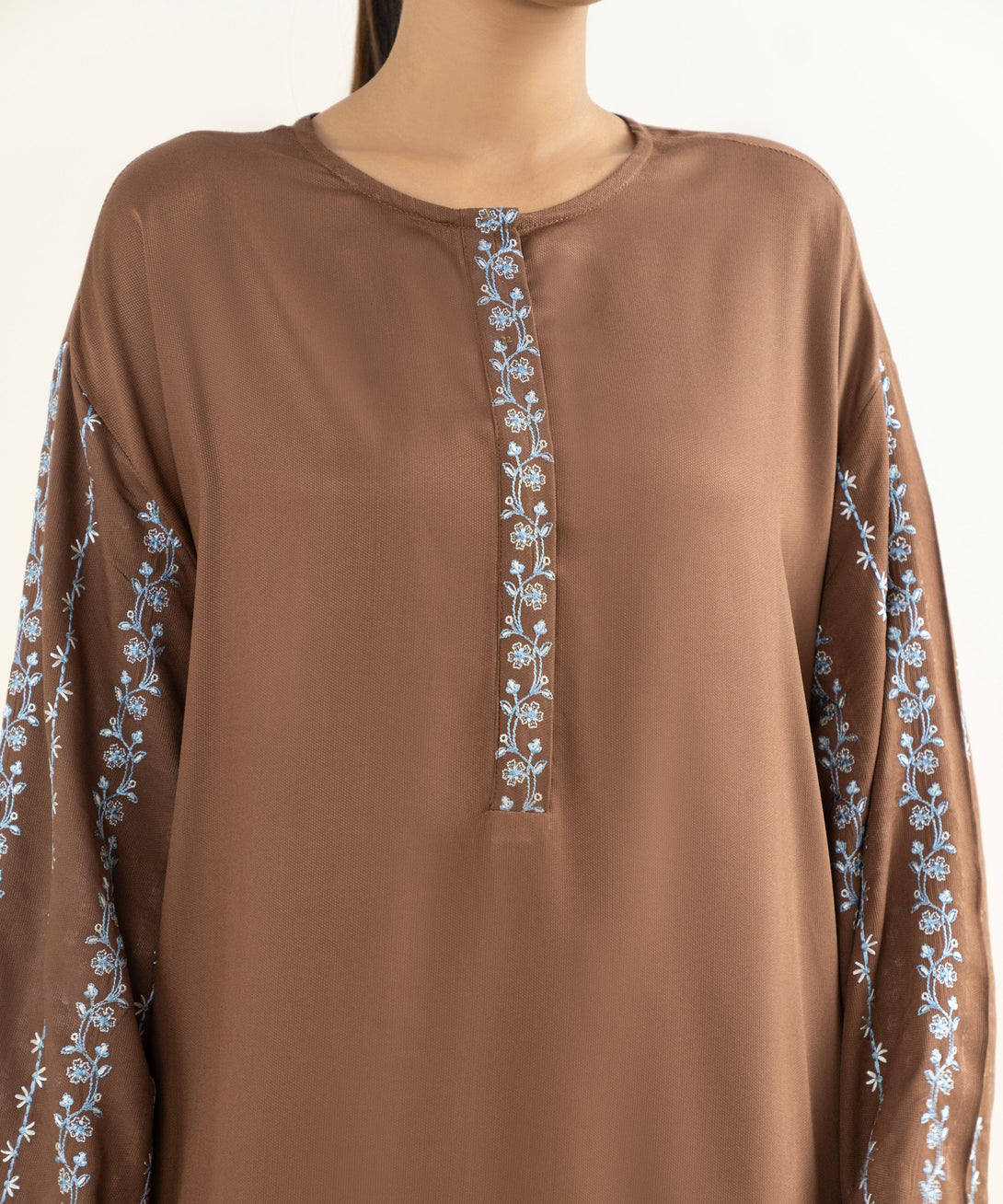 Women's RTW Bedford  Embroidered Brown Drop Shoulder 2 Piece Suit