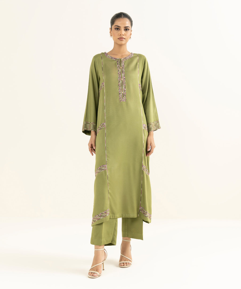 Women's RTW Bedford  Embroidered Green A-Line 2 Piece Suit