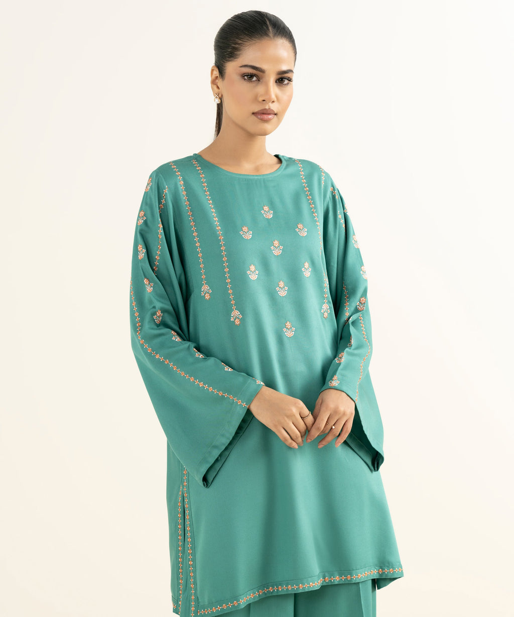 Women's RTW Bedford  Embroidered Sage Green Straight 2 Piece Suit