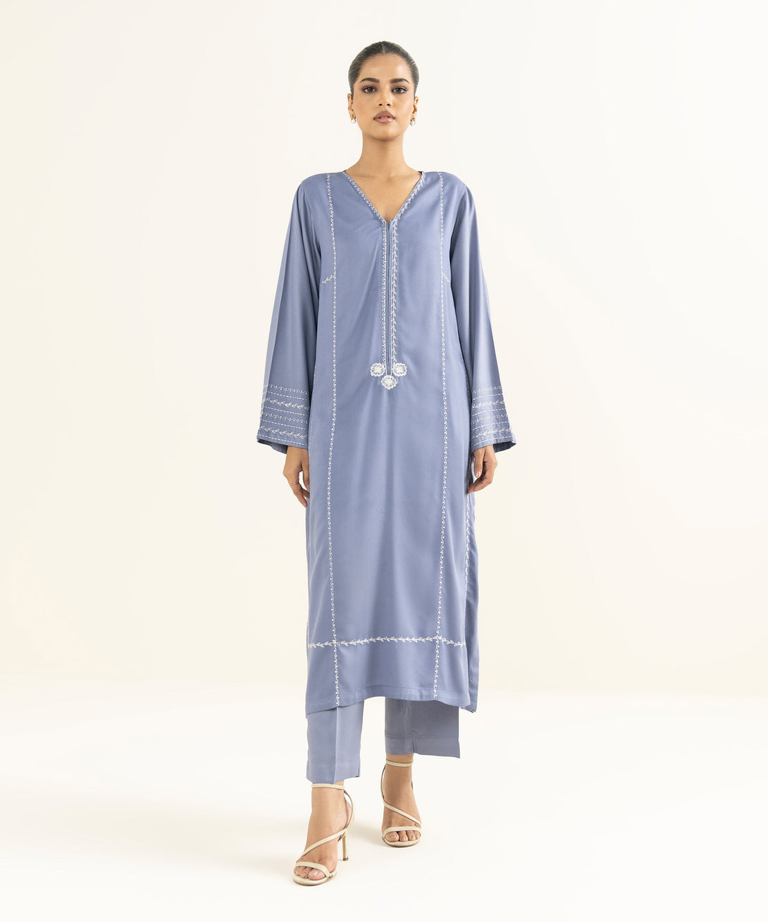 Women's RTW Bedford  Embroidered Blue Straight 2 Piece Suit