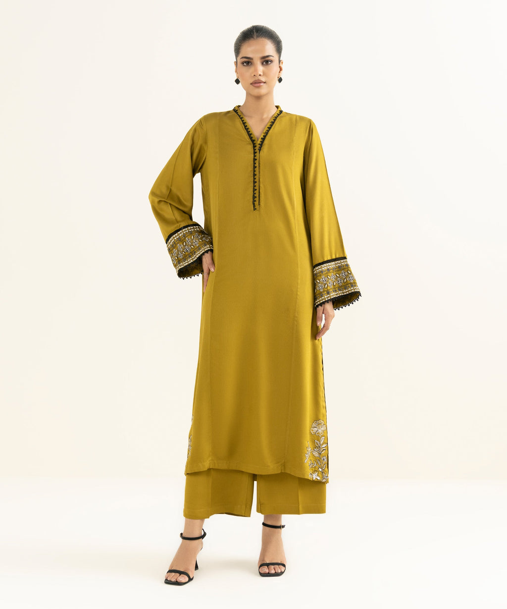 Women's RTW Bedford  Embroidered Olive Green Straight 2 Piece Suit