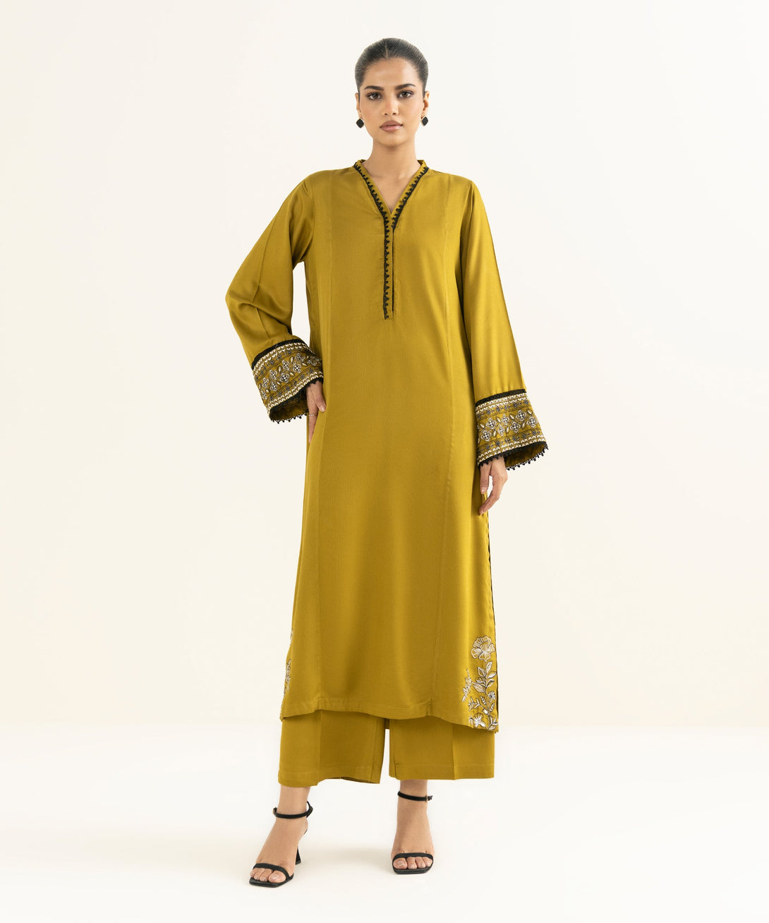 Women's RTW Bedford  Embroidered Olive Green Straight 2 Piece Suit