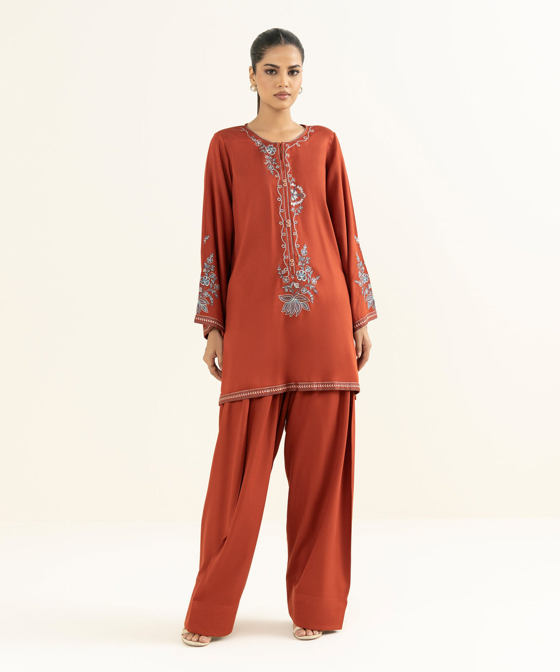 Women's RTW Bedford  Embroidered Orange Straight 2 Piece Suit