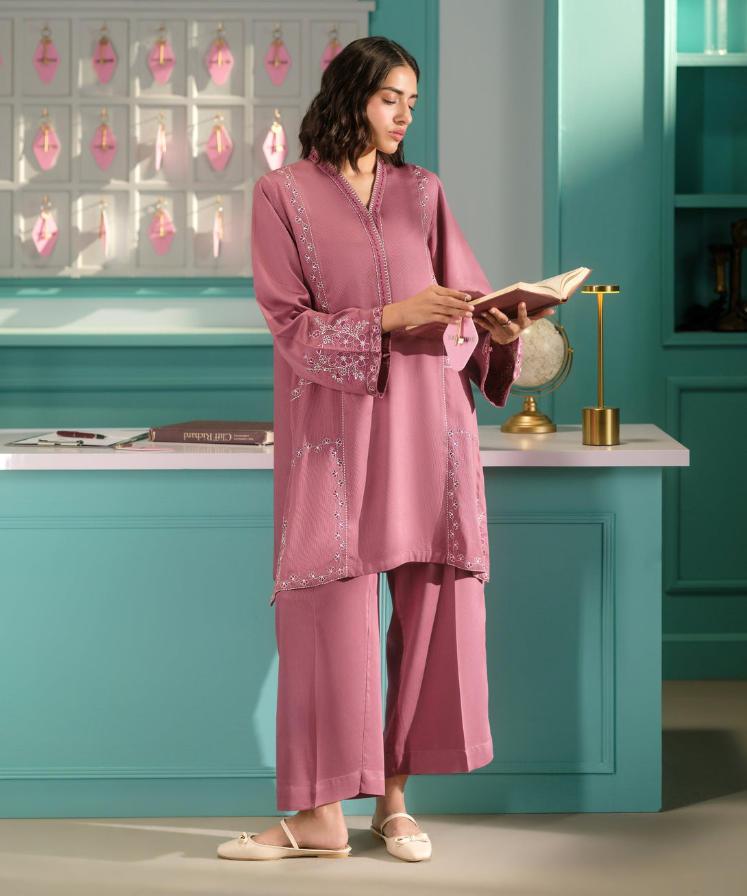 Women's RTW Bedford  Embroidered Pink Straight 2 Piece Suit