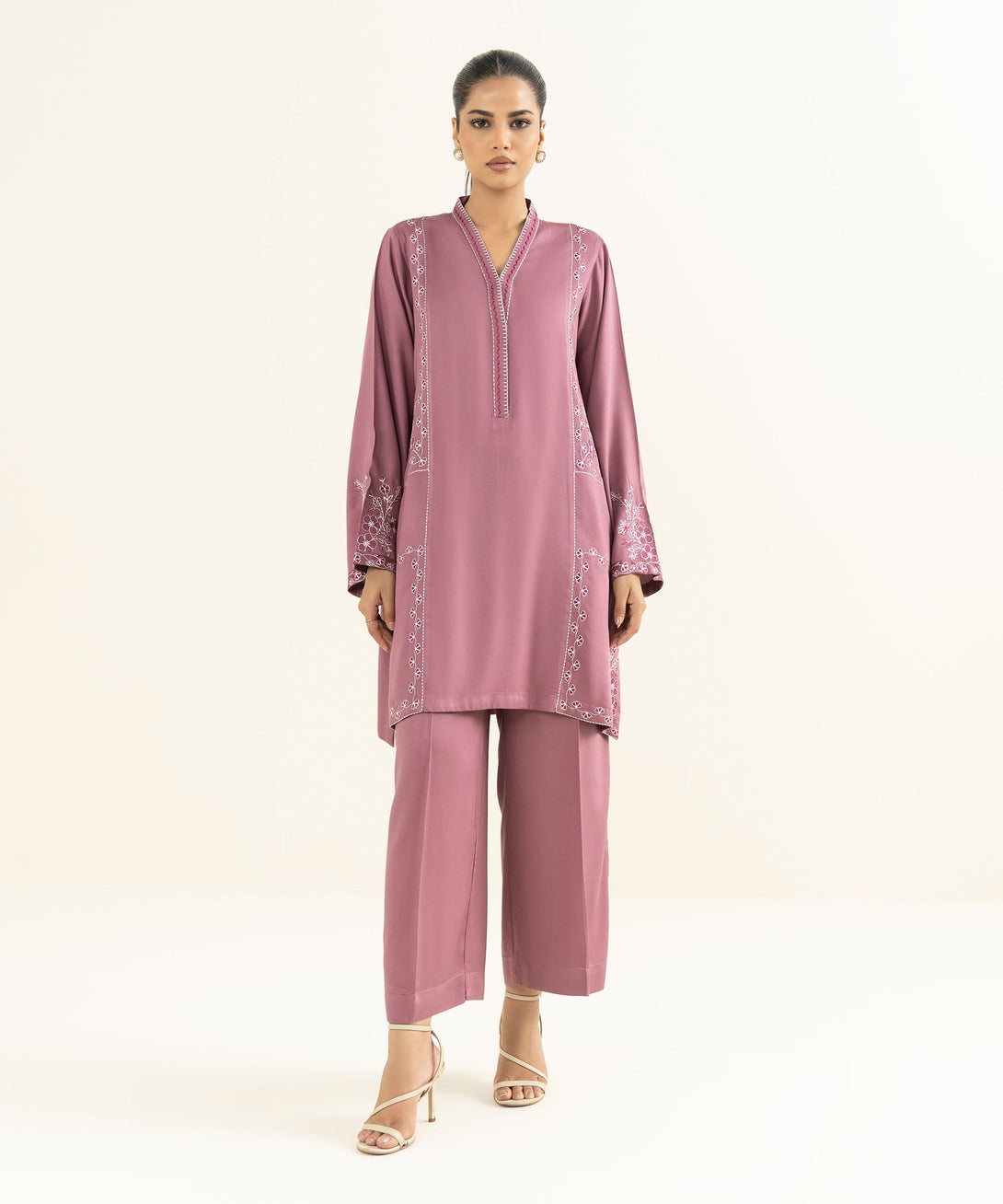 Women's RTW Bedford  Embroidered Pink Straight 2 Piece Suit