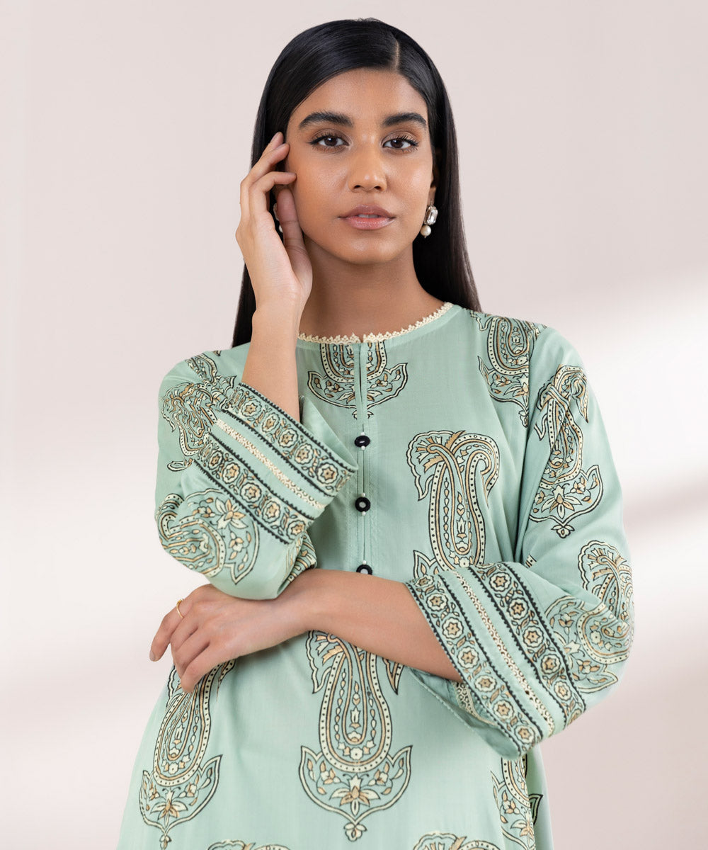 Women's Pret Arabic Lawn Printed Green Straight Shirt