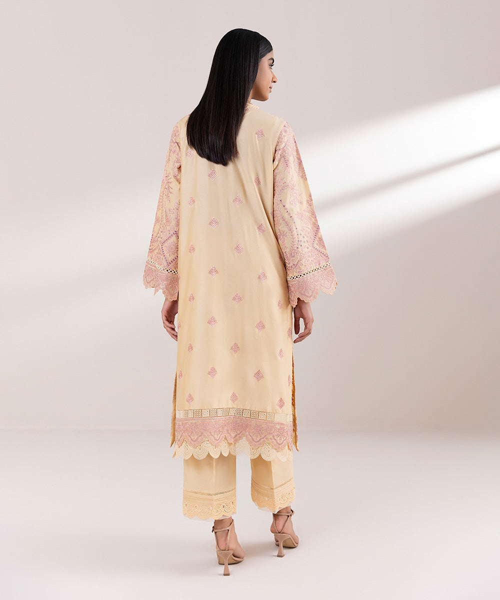 Women's Pret Luxury Satin Embroidered Yellow A-Line Shirt