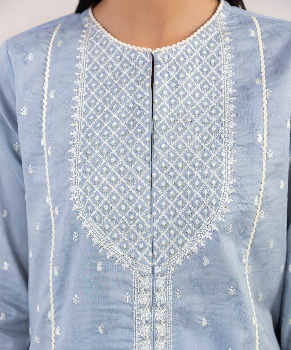 Women's Pret Cotton Jacquard Embroidered Blue A-Line Shirt