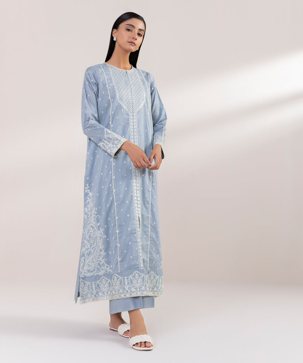 Women's Pret Cotton Jacquard Embroidered Blue A-Line Shirt