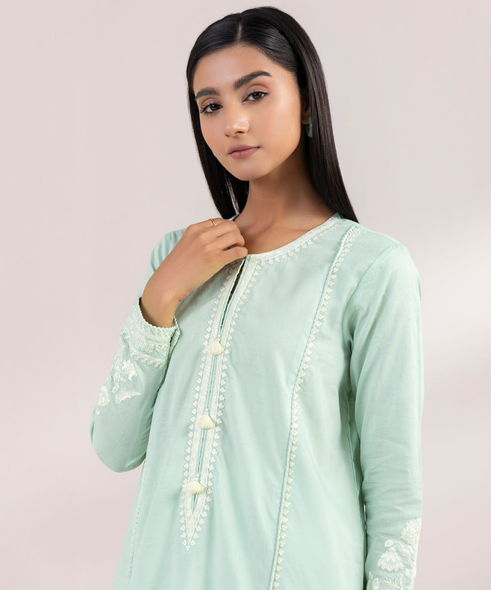 Women's Pret Cotton Jacquard Embroidered Green A-Line Shirt