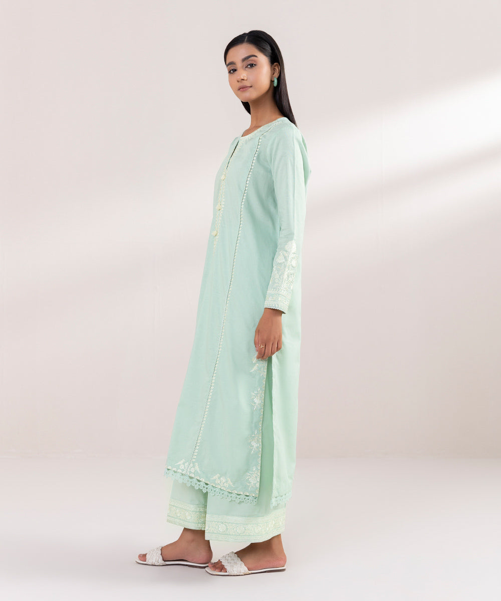 Women's Pret Cotton Jacquard Embroidered Green A-Line Shirt