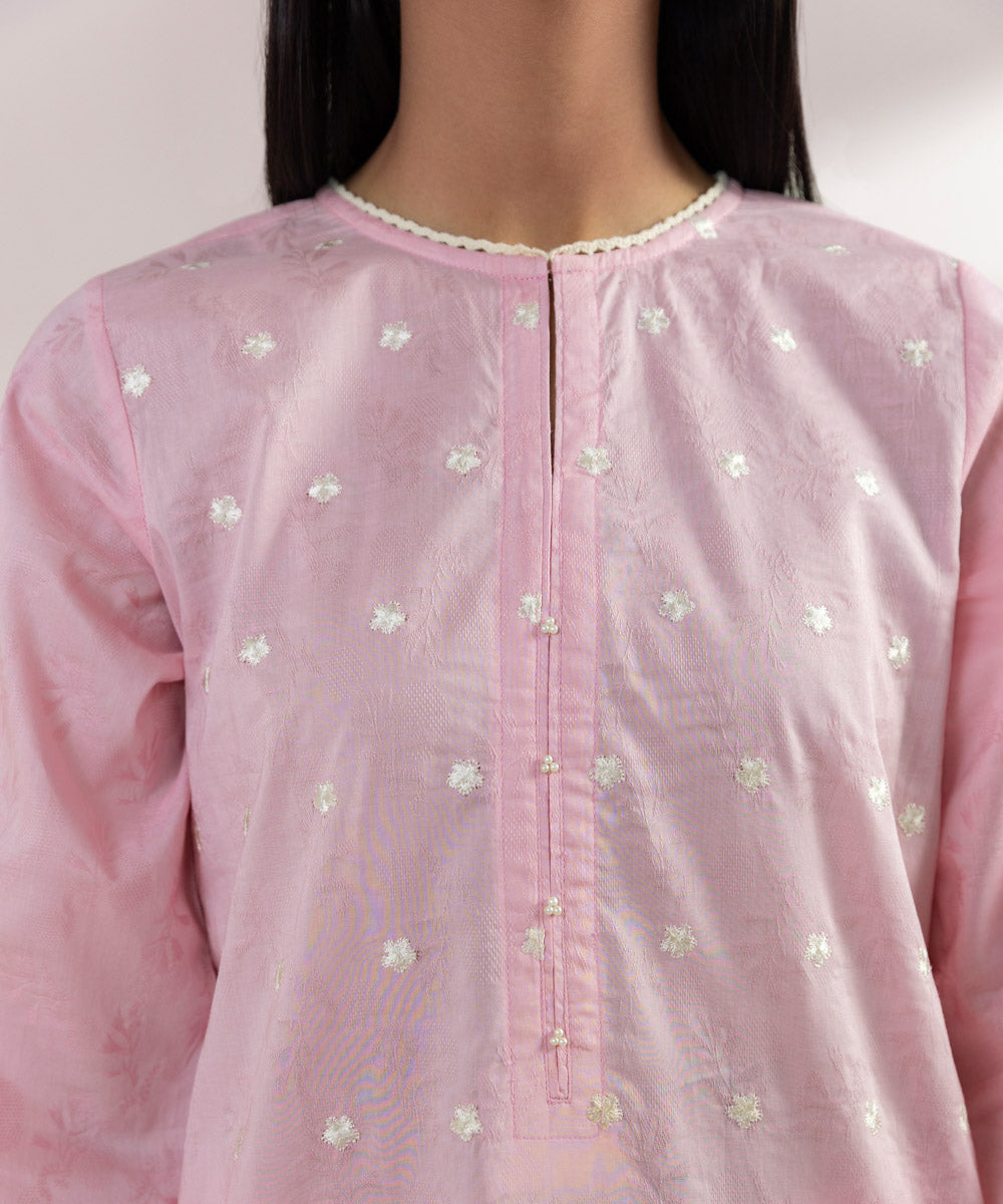 Women's Pret Cotton Jacquard Embroidered Pink A-Line Shirt