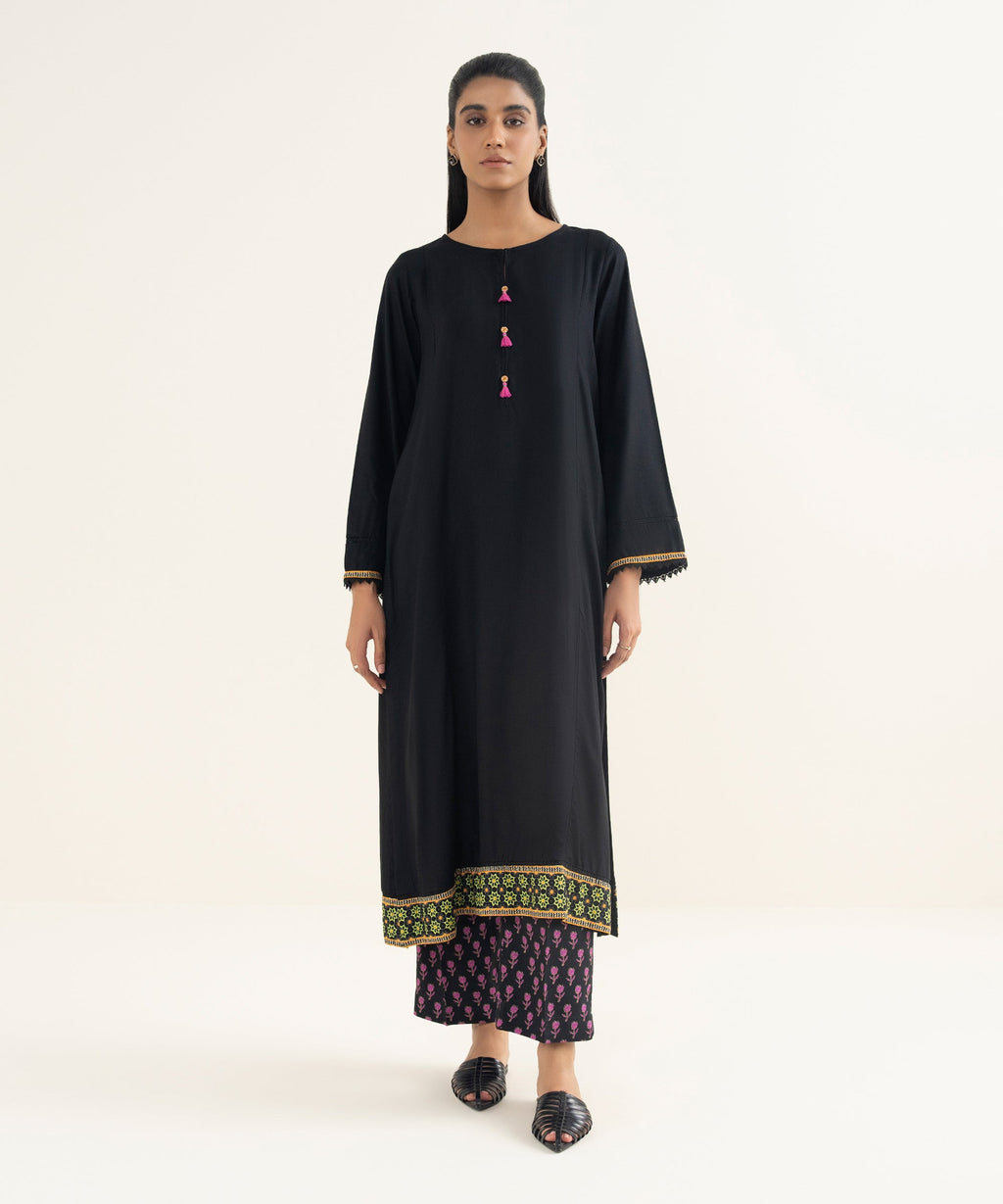 Women's RTW Textured Viscose Solid Black A-Line Shirt