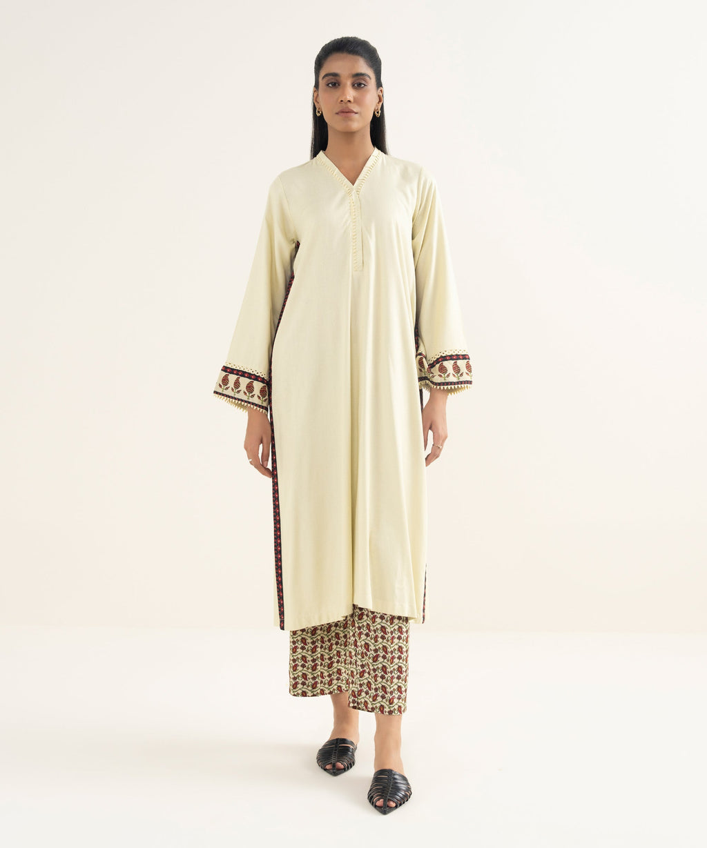 Women's RTW Textured Viscose Solid Off White A-Line Shirt