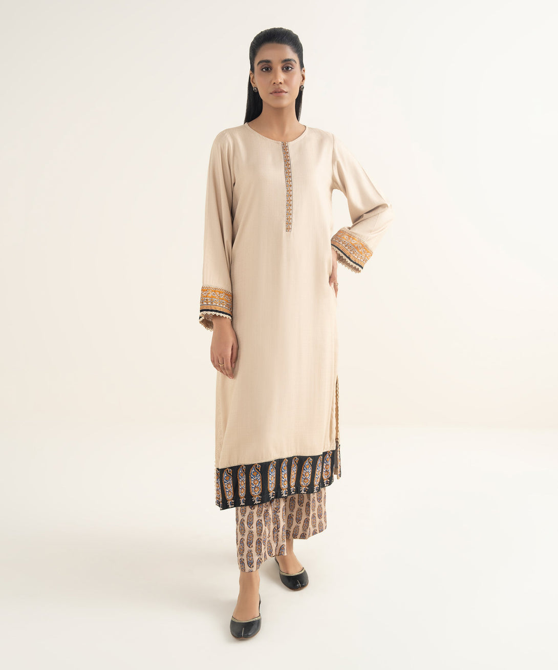 Women's RTW Textured Viscose Solid Beige A-Line Shirt