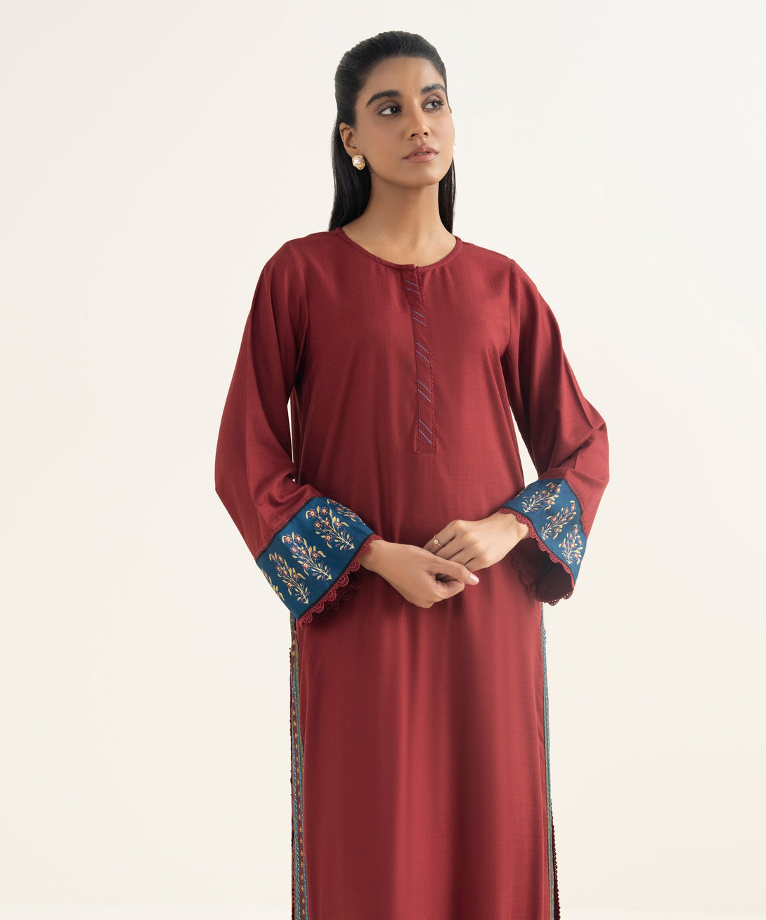 Women's RTW Textured Viscose Solid Maroon Straight Shirt