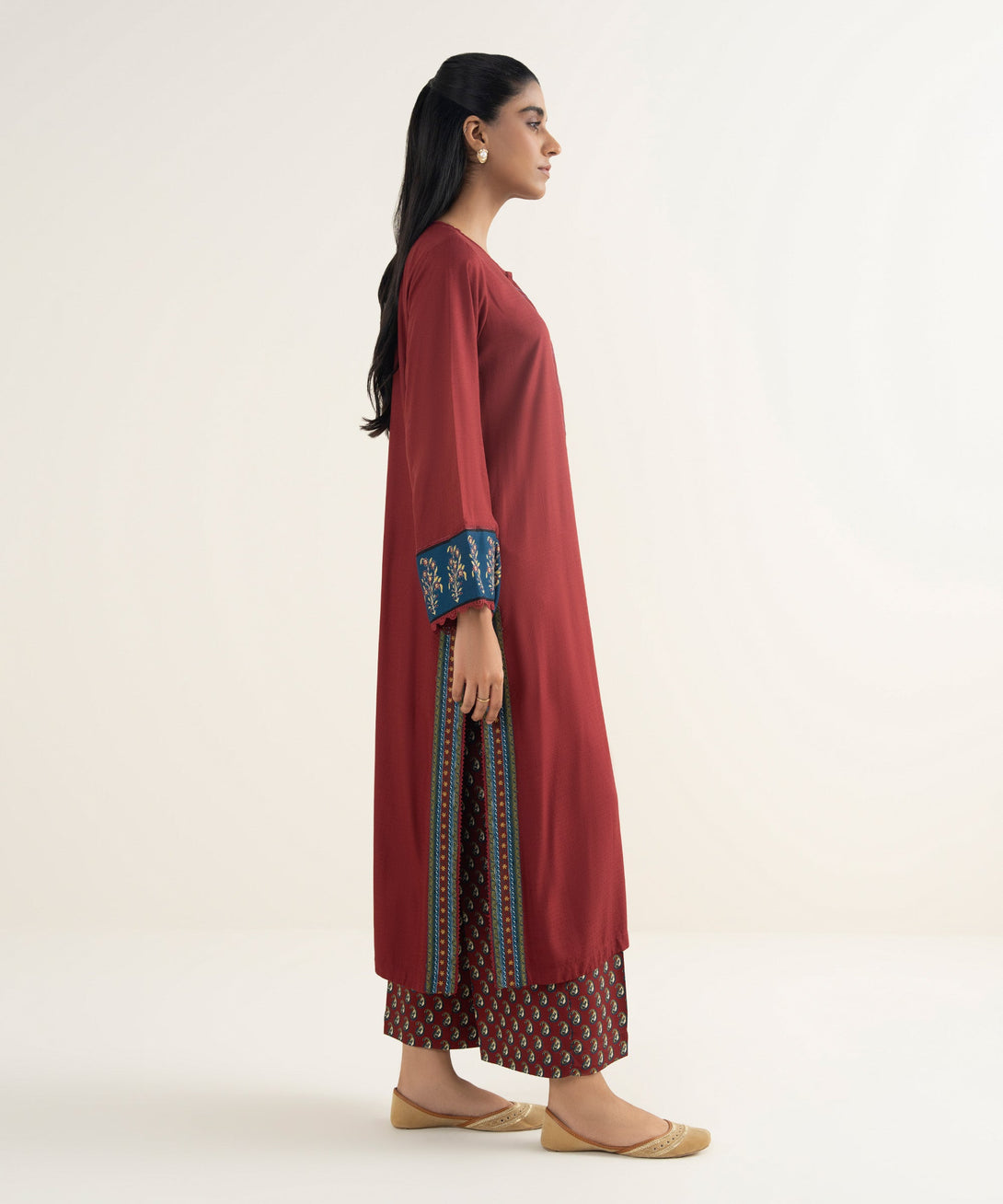 Women's RTW Textured Viscose Solid Maroon Straight Shirt