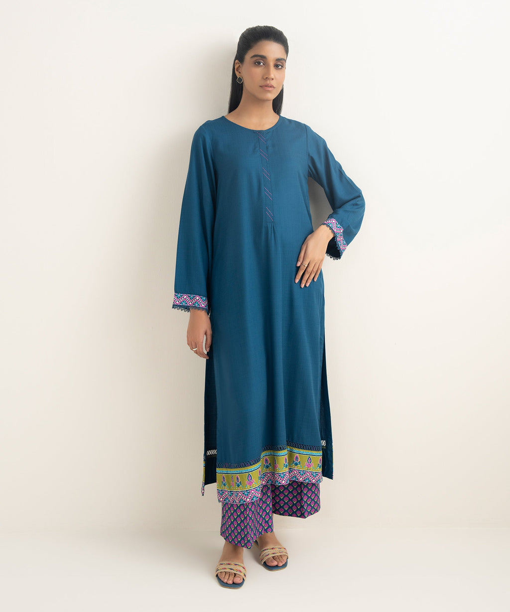 Women's RTW Textured Viscose Solid Teal A-Line Shirt