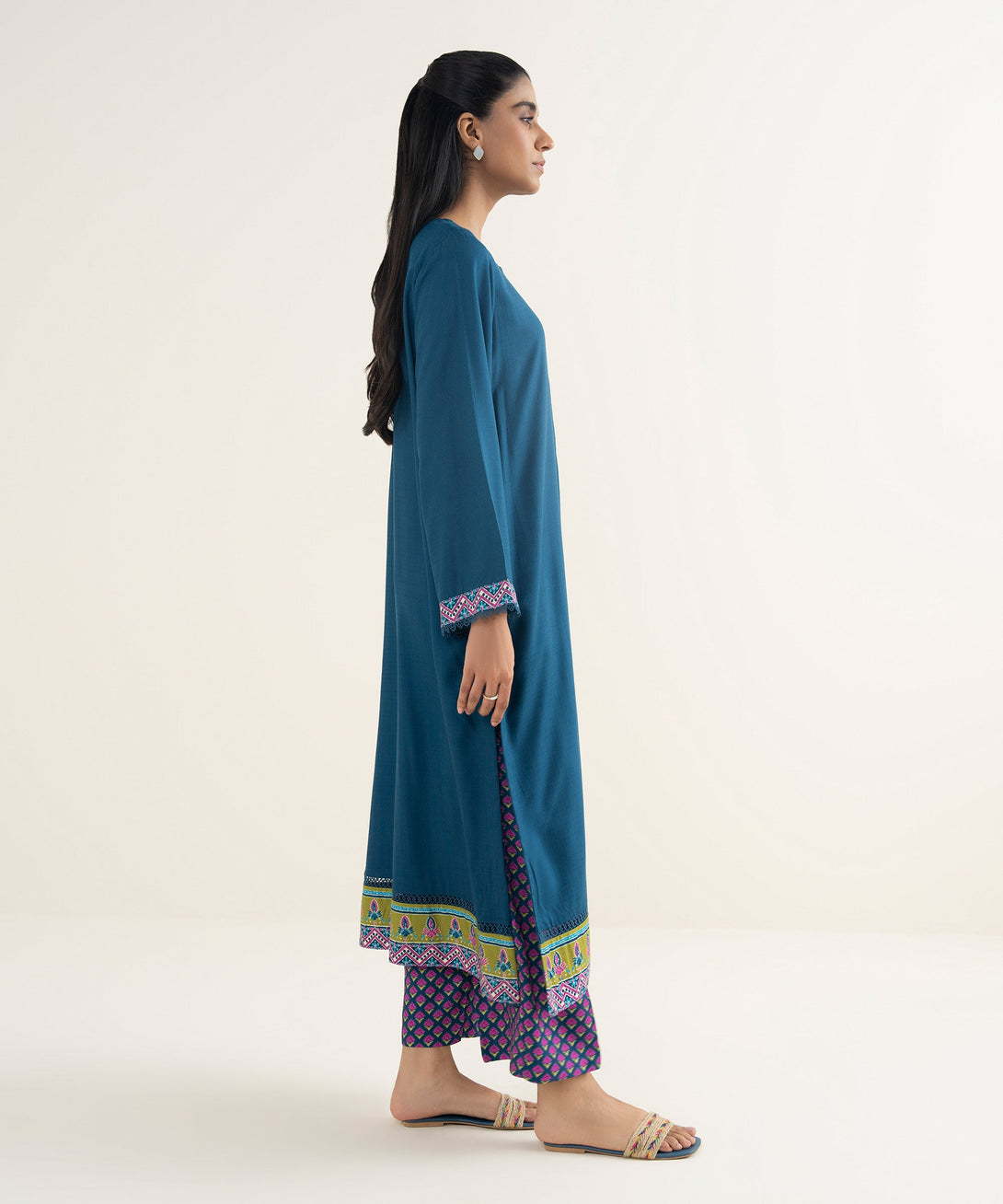 Women's RTW Textured Viscose Solid Teal A-Line Shirt