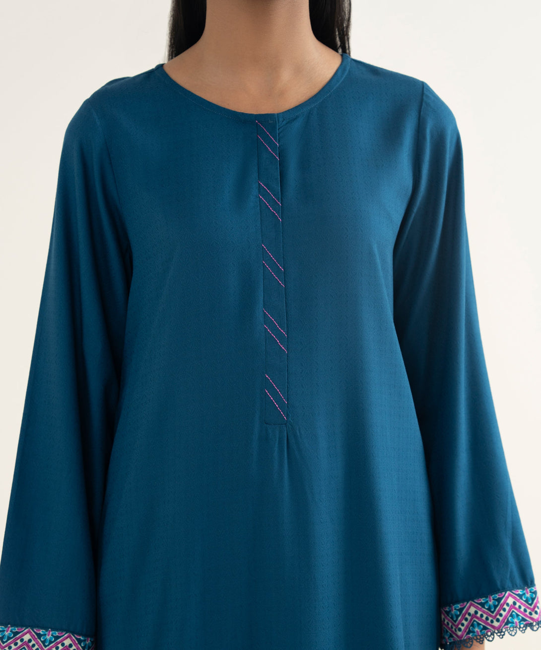 Women's RTW Textured Viscose Solid Teal A-Line Shirt