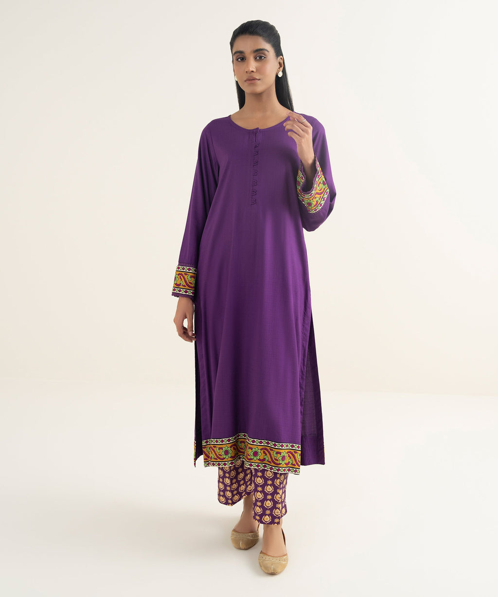 Women's RTW Textured Viscose Solid Purple Straight Shirt