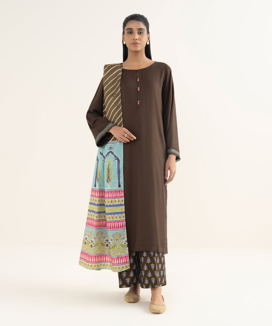 Women's RTW Textured Viscose Solid Brown Straight Shirt