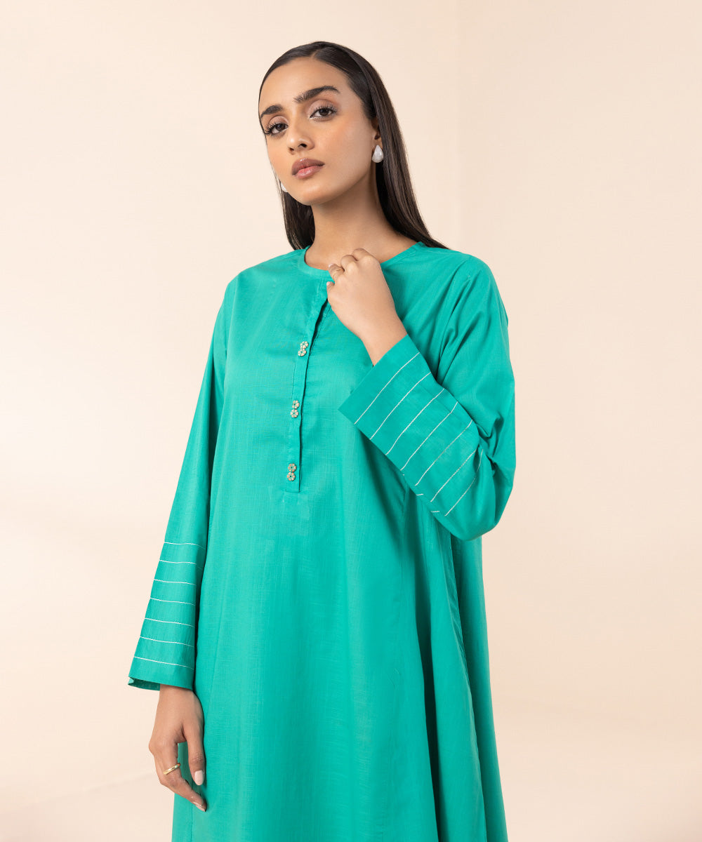 Women's Pret Cross Hatch Green Solid A-Line Shirt