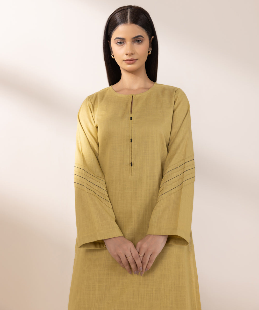 Women's Pret Khaddar Solid Yellow A-Line Shirt