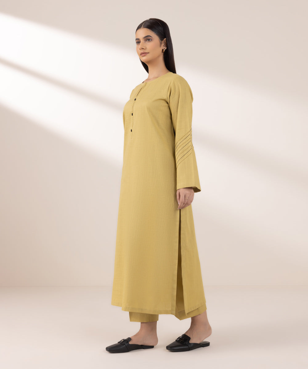 Women's Pret Khaddar Solid Yellow A-Line Shirt