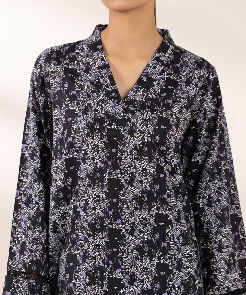 Women's Pret Khaddar Printed Black A-Line Shirt