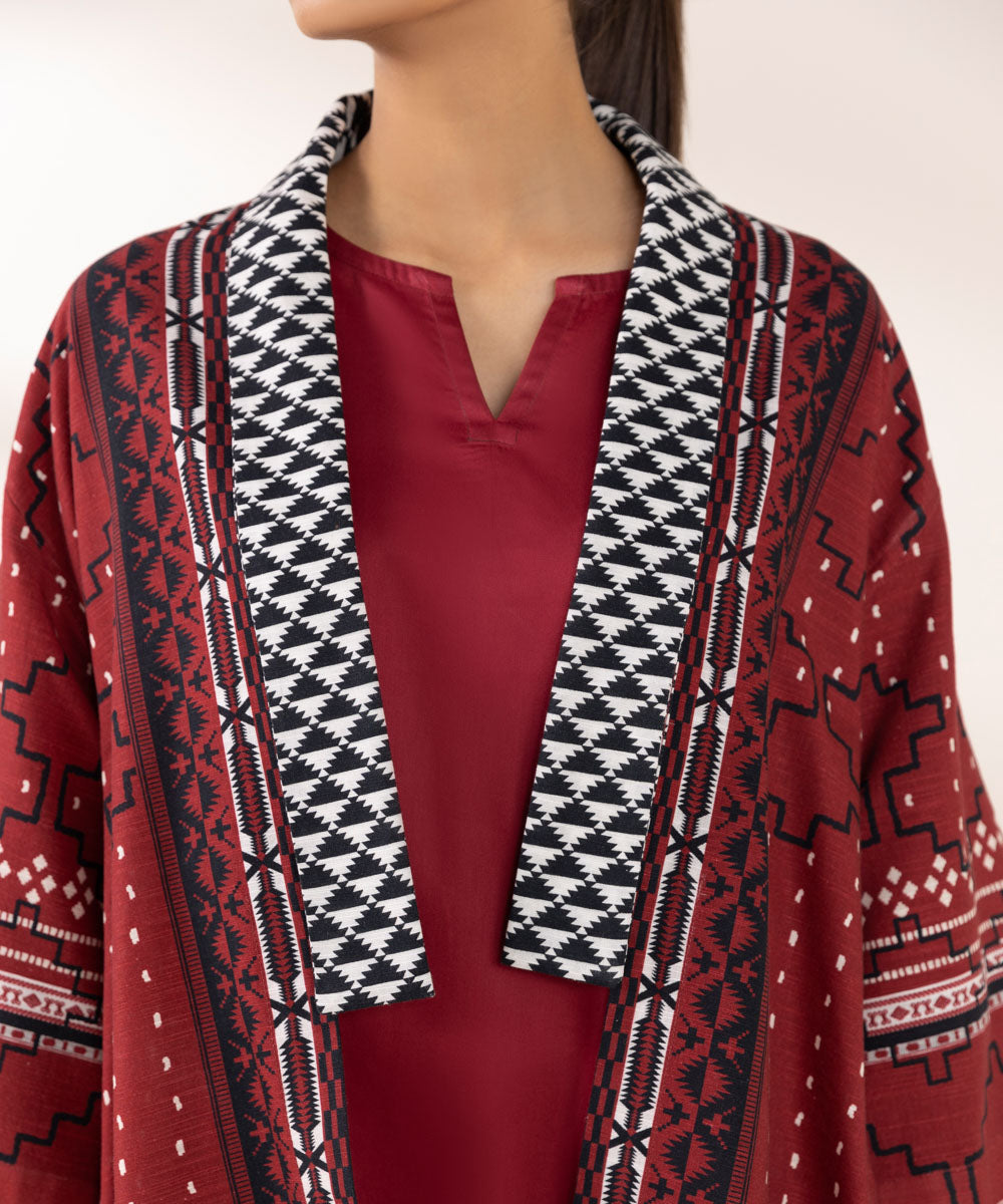 Women's Pret Khaddar Printed Red Front Open Jacket 