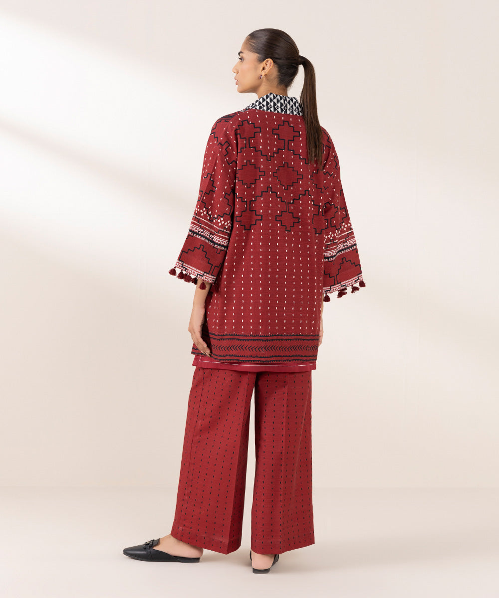 Women's Pret Khaddar Printed Red Front Open Jacket 