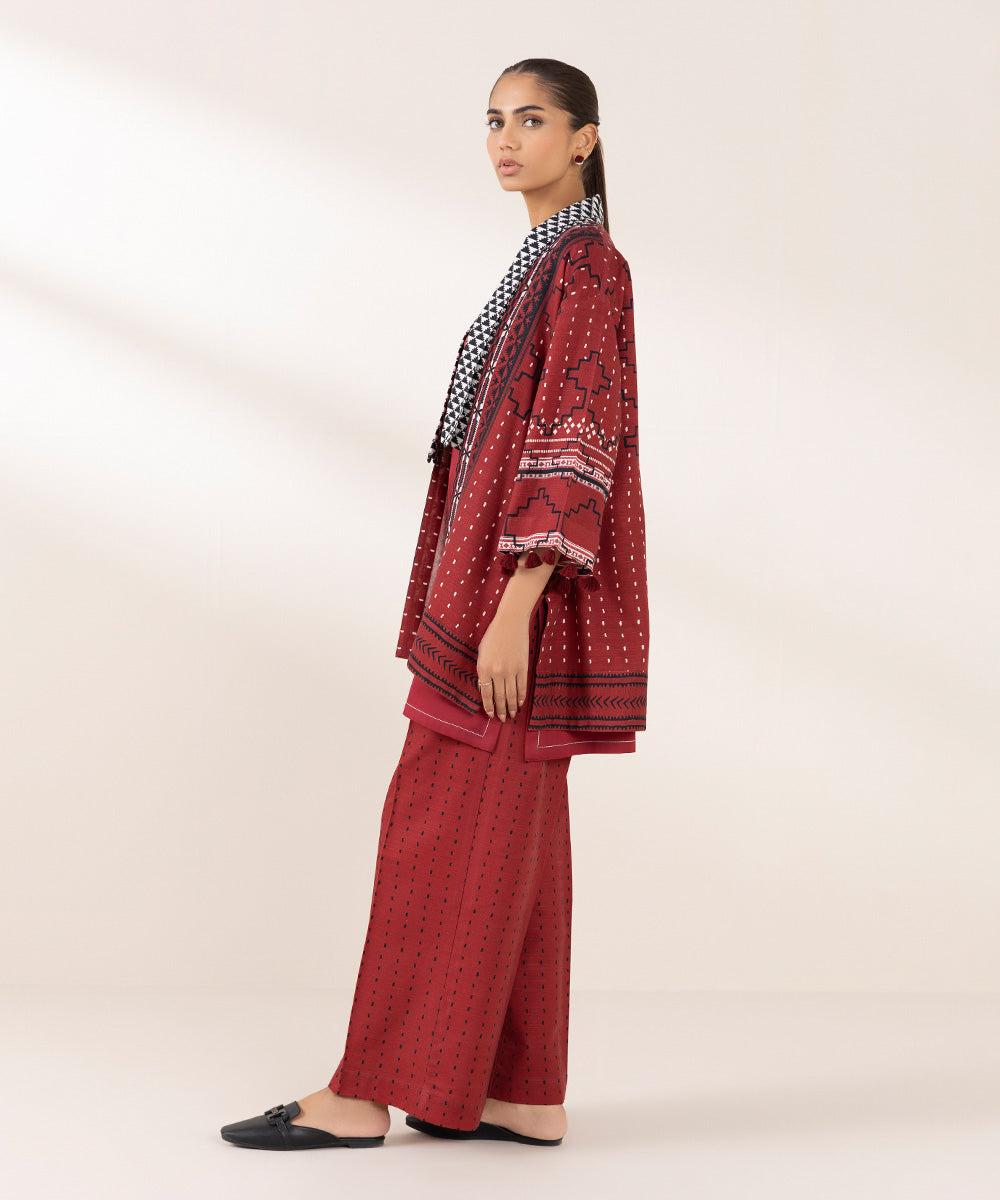 Women's Pret Khaddar Printed Red Front Open Jacket 