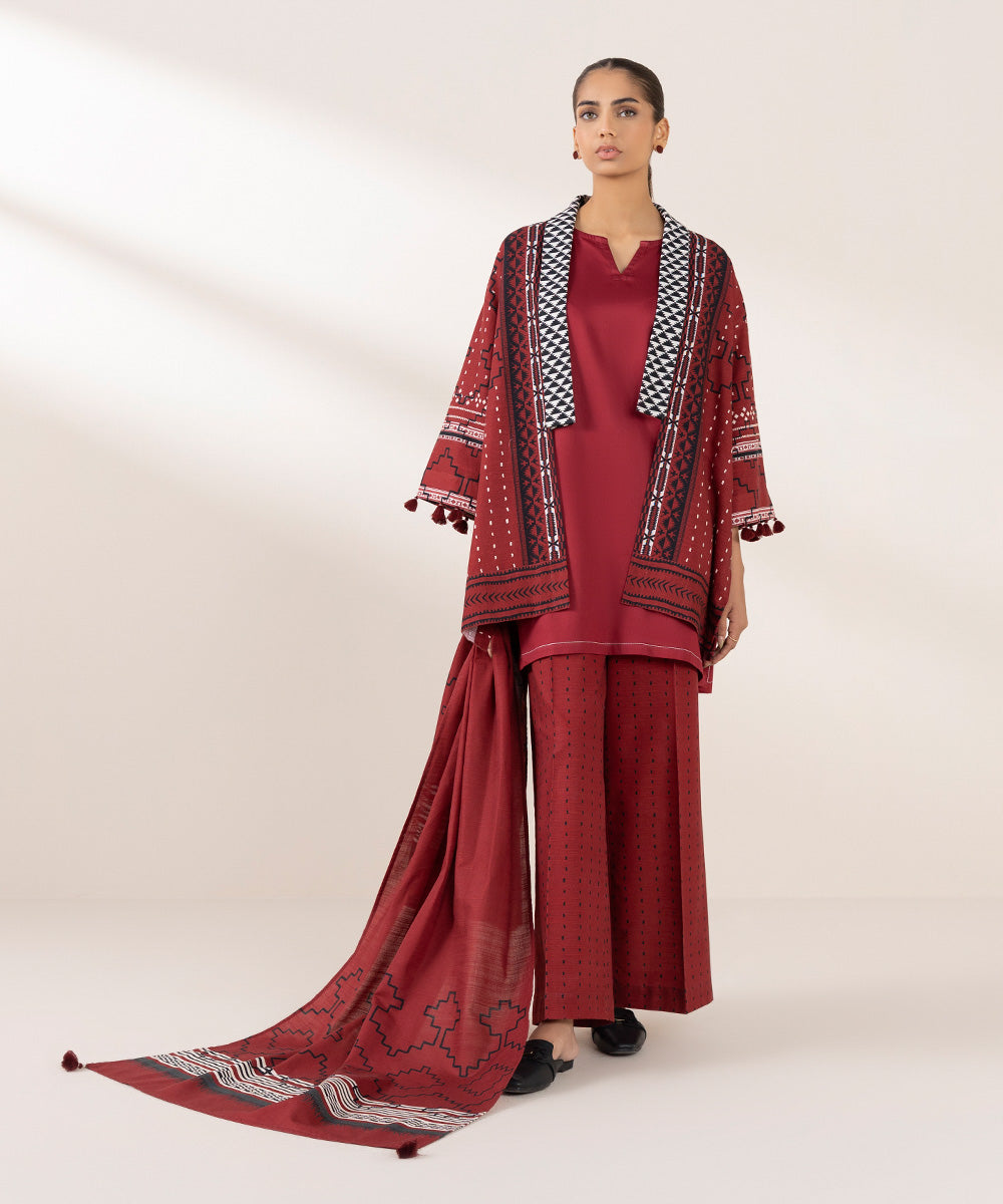 Women's Pret Khaddar Printed Red Front Open Jacket 