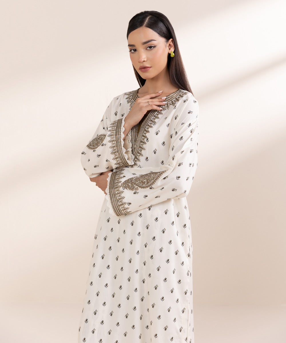 Women's Pret Arabic Lawn Embroidered White Straight Shirt