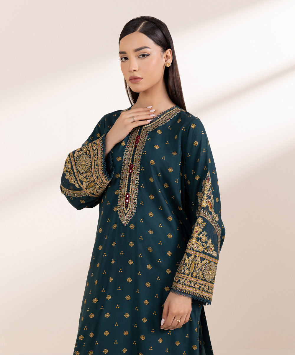 Women's Pret Arabic Lawn Embroidered Green A-Line Shirt