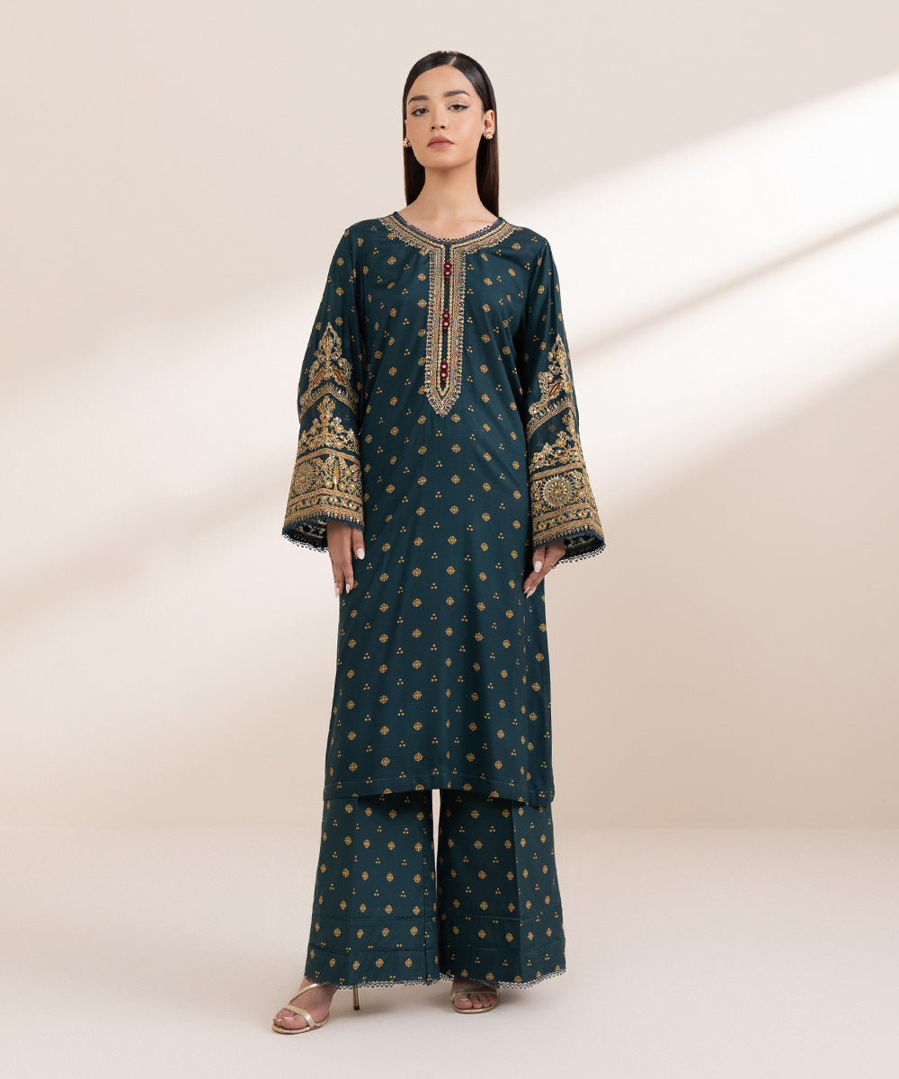 Women's Pret Arabic Lawn Embroidered Green A-Line Shirt