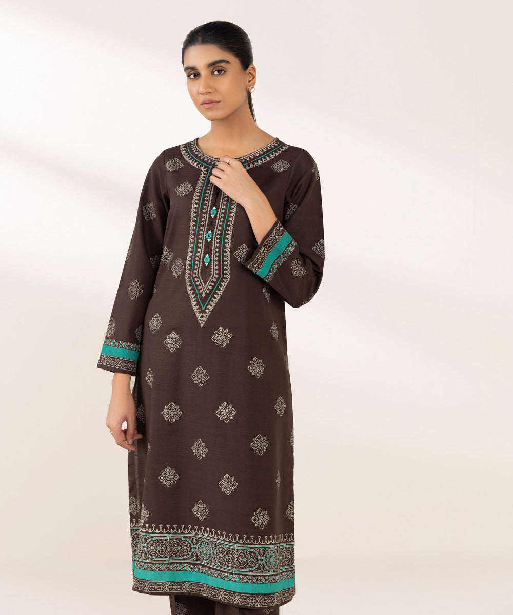 Women's Pret Khaddar Printed Brown A-Line Shirt