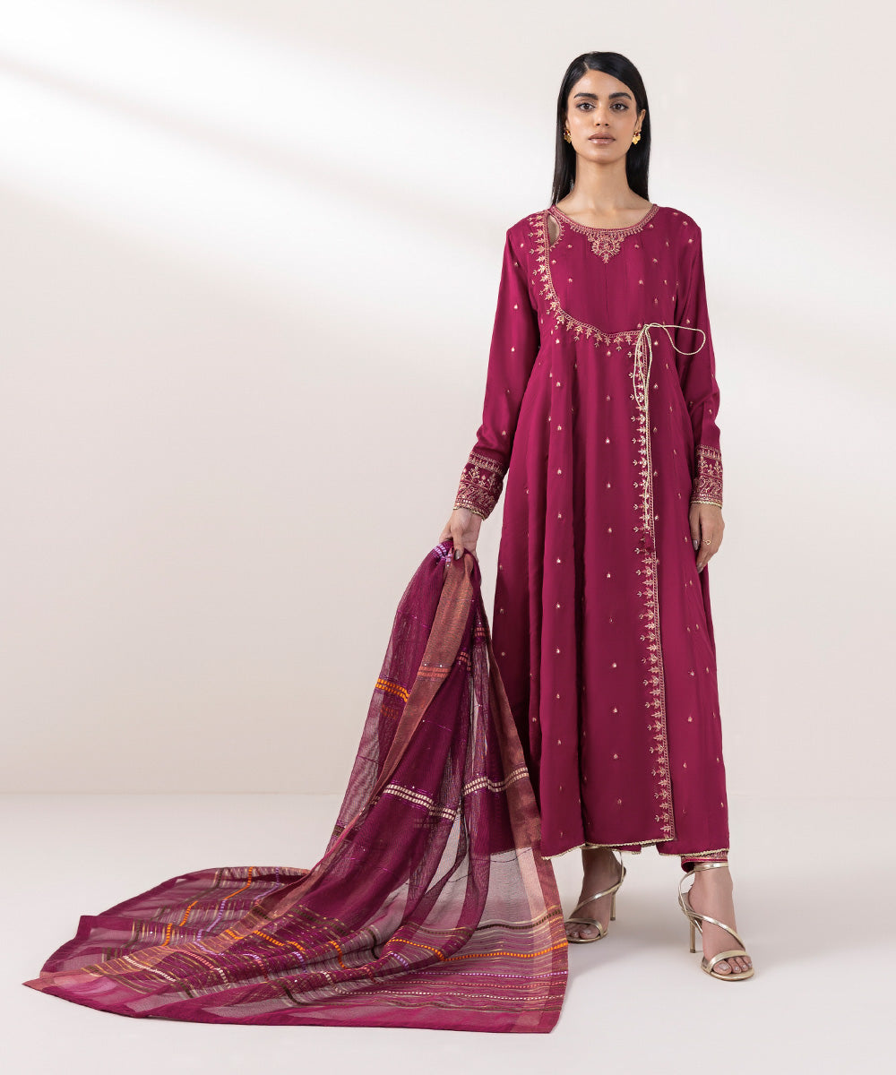 Women's Pret Viscose Raw Silk Embroidered Pink 3 Piece Suit