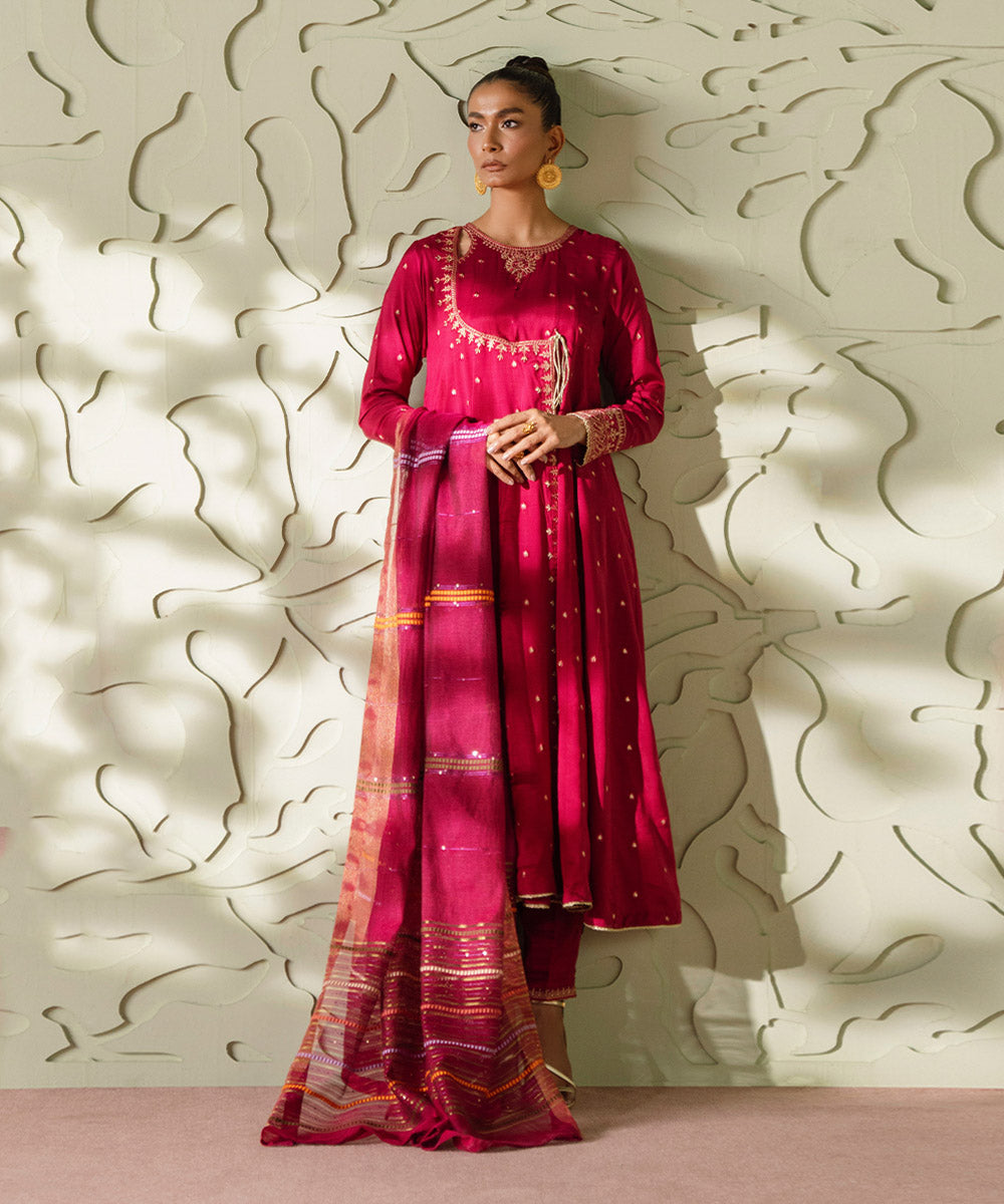 Women's Pret Viscose Raw Silk Embroidered Pink 3 Piece Suit