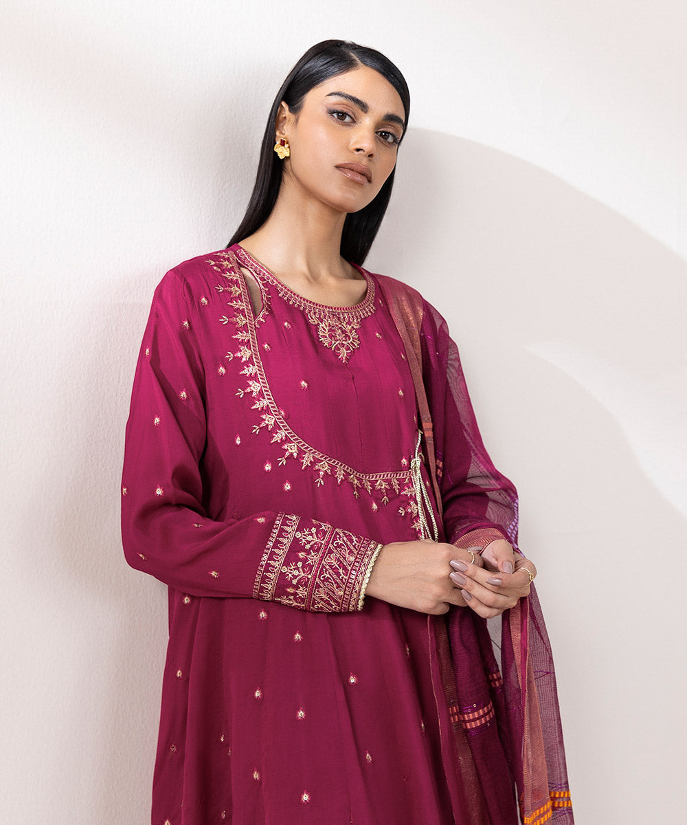 Women's Pret Viscose Raw Silk Embroidered Pink 3 Piece Suit