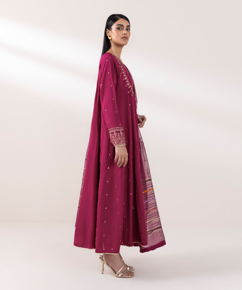 Women's Pret Viscose Raw Silk Embroidered Pink 3 Piece Suit