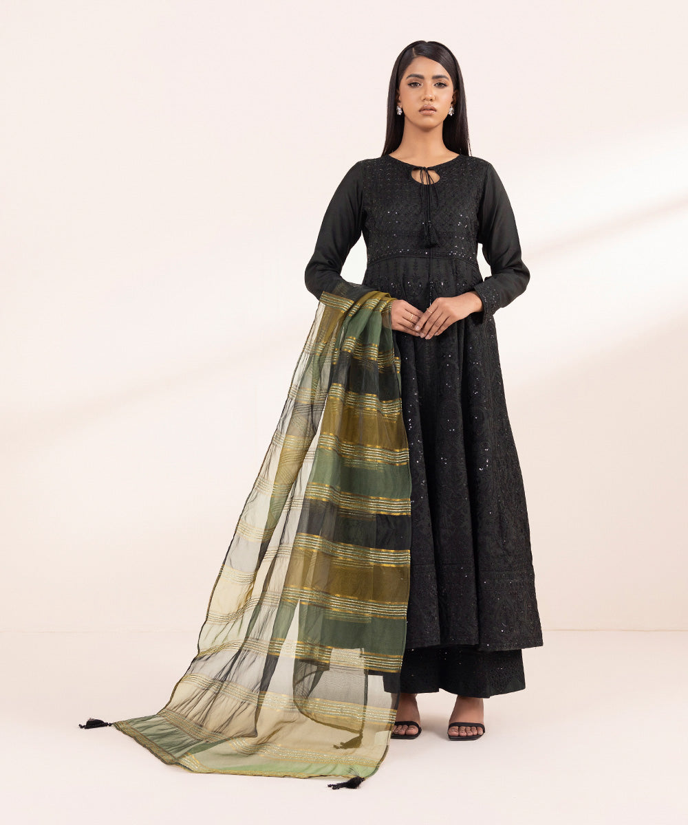 Women's Pret Viscose Raw Silk Embroidered Black 2 Piece Pishwas