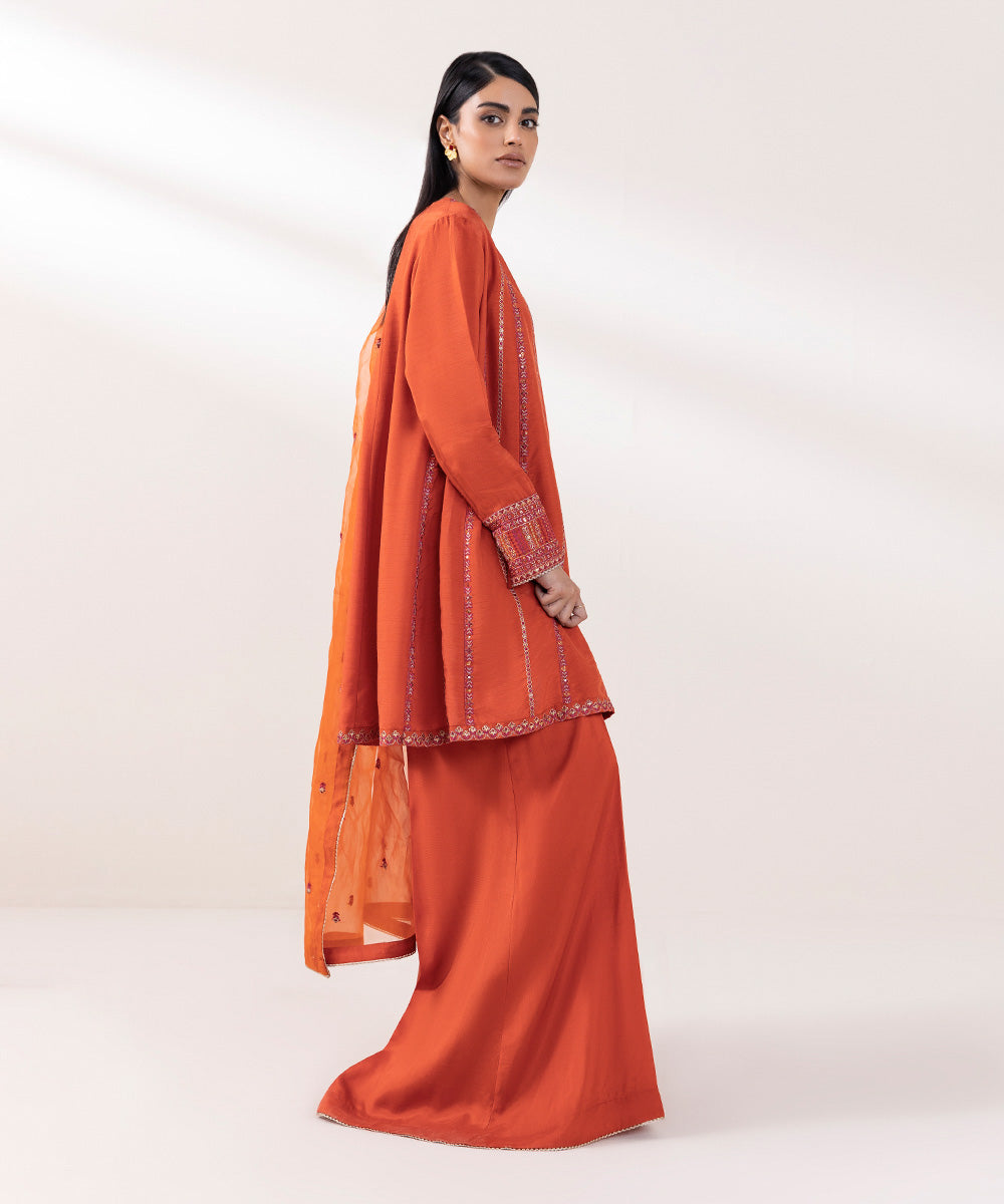 Women's Pret Raw Silk Embroidered Orange 3 Piece Suit