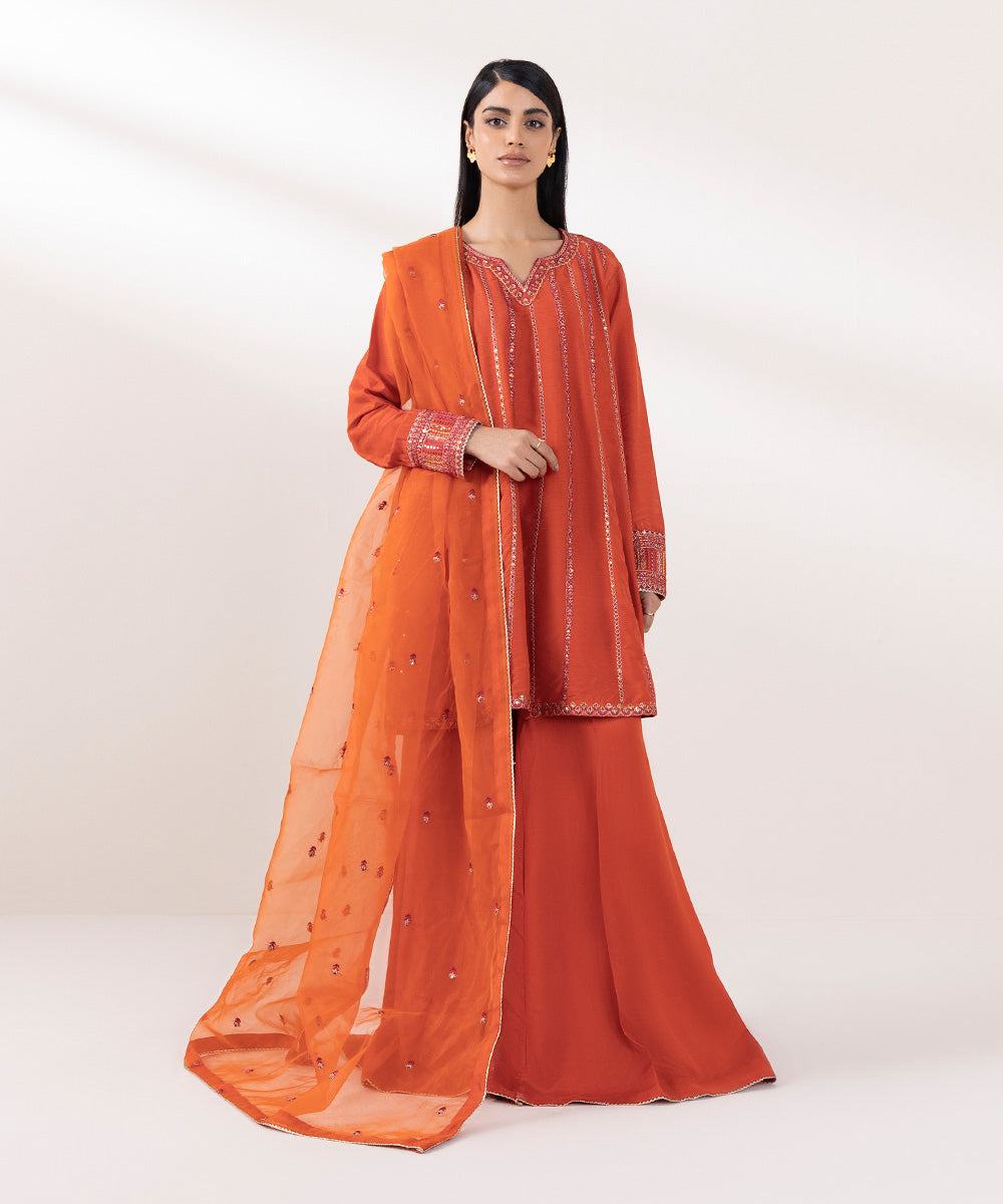 Women's Pret Raw Silk Embroidered Orange 3 Piece Suit